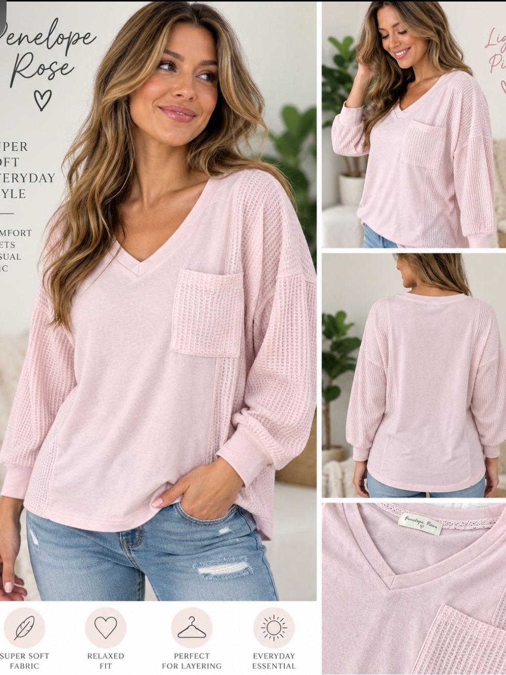 Penelope Rose - Light Pink V-Neck Pocket Women's Top (super soft)